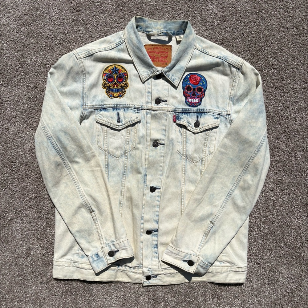 Levi's Light Blue Denim Jacket with Colorful Skull Patches